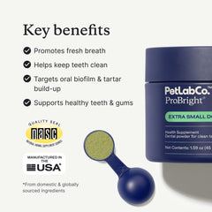 PetLab Co ProBright powder being sprinkled highlights simple daily care for tartar and breath