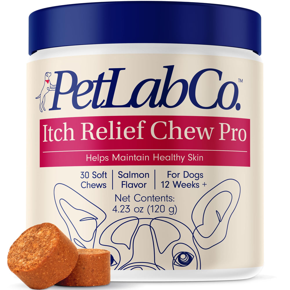 PetLab Co. Salmon Itch Relief Chew Pro bottle promoting healthy skin via omega-3