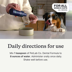 PetLab Co bottle with a close-up of teeth highlighting tartar-targeting.