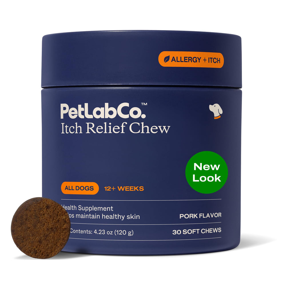PetLab Co Itch Relief Chews package front highlights turmeric and honey for skin support