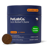 PetLab Co Itch Relief Chews package front highlights turmeric and honey for skin support