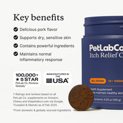 PetLab Co Itch Relief Chews salmon-oil illustration emphasizes omega-3 for coat health