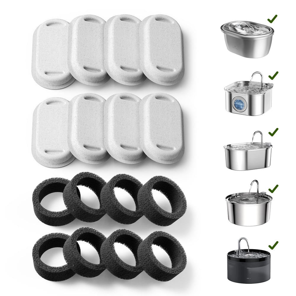 PETLIBRO replacement filters eight-pack shown, PLWF003/PLWF006 compatibility for cleaner hydration.