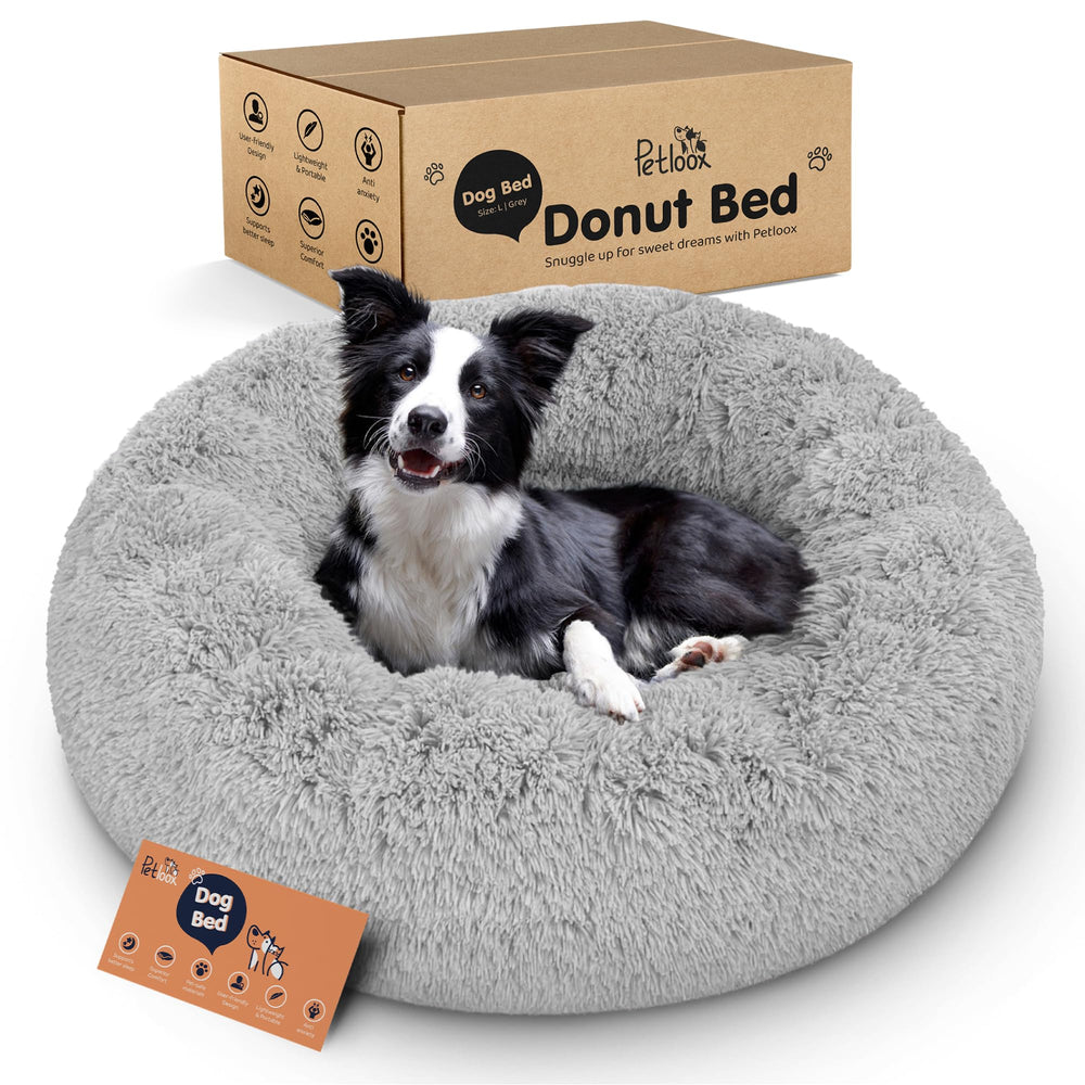 Petloox Donut Dog Bed Grey close-up plush texture for cozy naps.