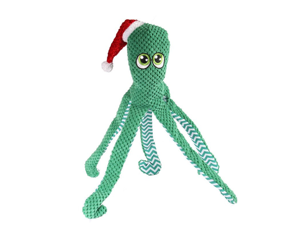 Pet Lou Holiday Squeak Crinkle Octopus toy in green, ideal for interactive play and holiday fun.