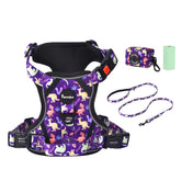 Petmolico No Pull Harness purple dinosaur front view for comfortable, controlled walks.