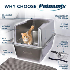 PETNAMIX XXL stainless steel litter box with 16-inch high sides preventing splashes.