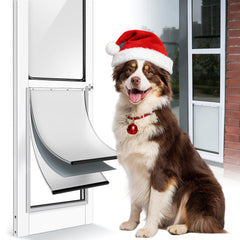 Petoasis dog door sliding door insert side view highlights secure fit for large pets.