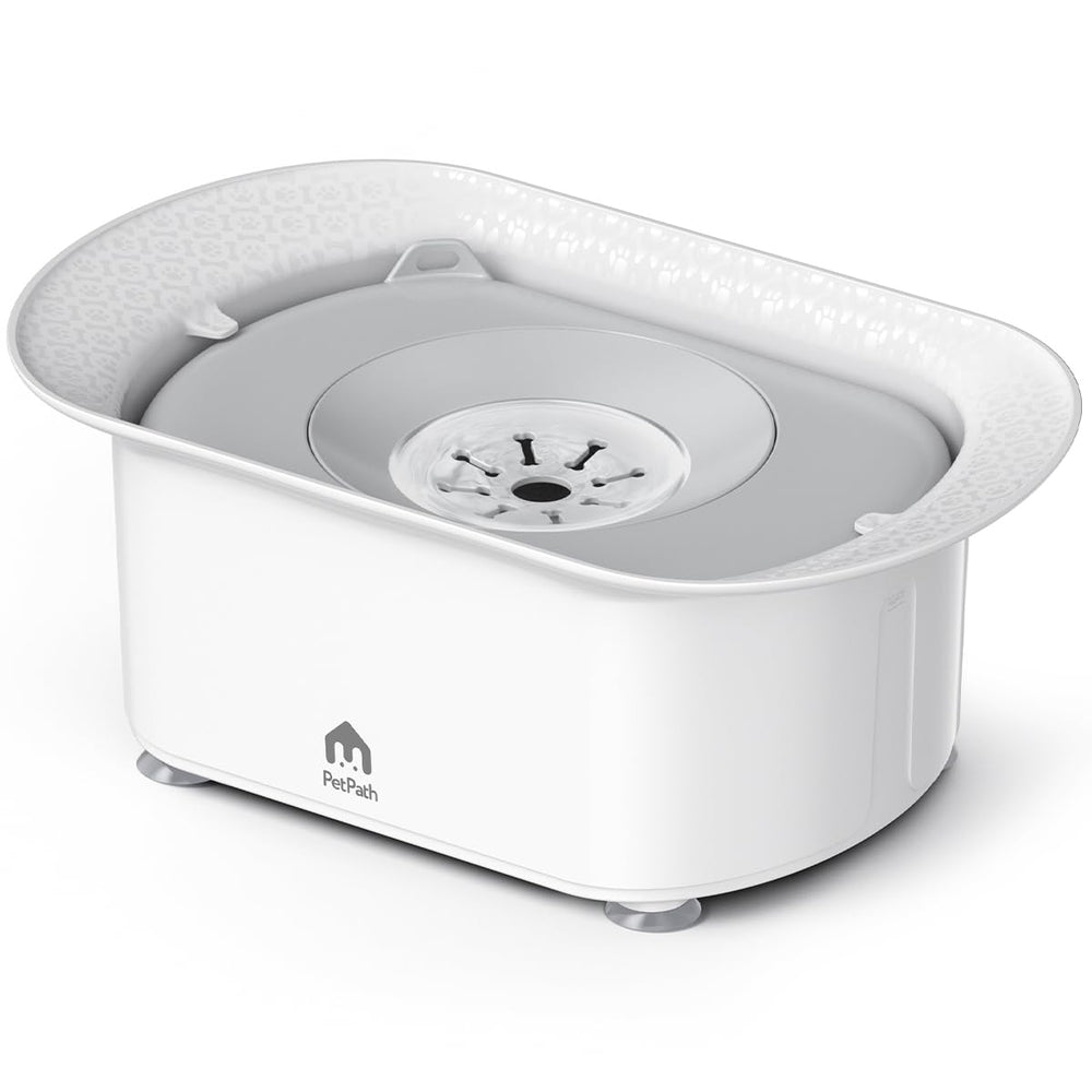 PETPATH no-spill water bowl 75oz reduces splashes for tidier floors.