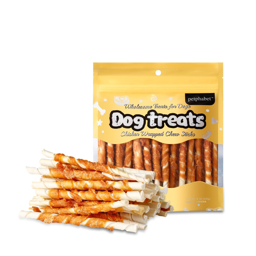 PETPHABET chicken-wrapped rawhide sticks close-up for dental health and chew satisfaction.