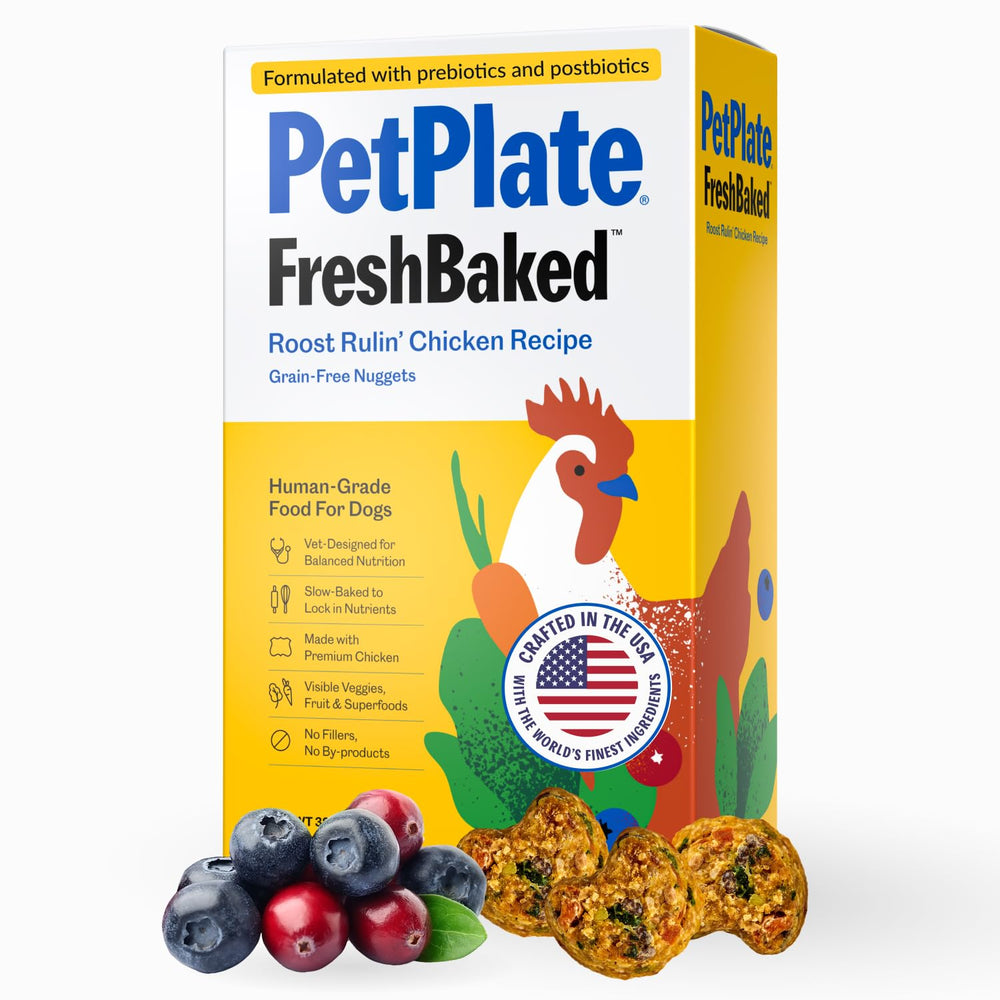 PetPlate Roost Rulin' Chicken dry dog food bag shows human-grade ingredients for trusted nutrition.