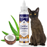 Petpost Cat Ear Cleaner bottle showing natural coconut oil formula for gentle ear cleaning