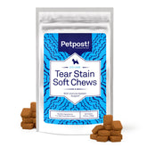 petpost tear stain chews bottle close-up shows cheese flavor for tear stain support.
