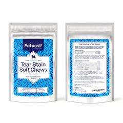 the petpost tear stain chews jar close-up label highlights palatable cheese flavor.