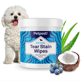 Petpost Tear Stain Wipes dog face closeup showing gentle tear stain removal