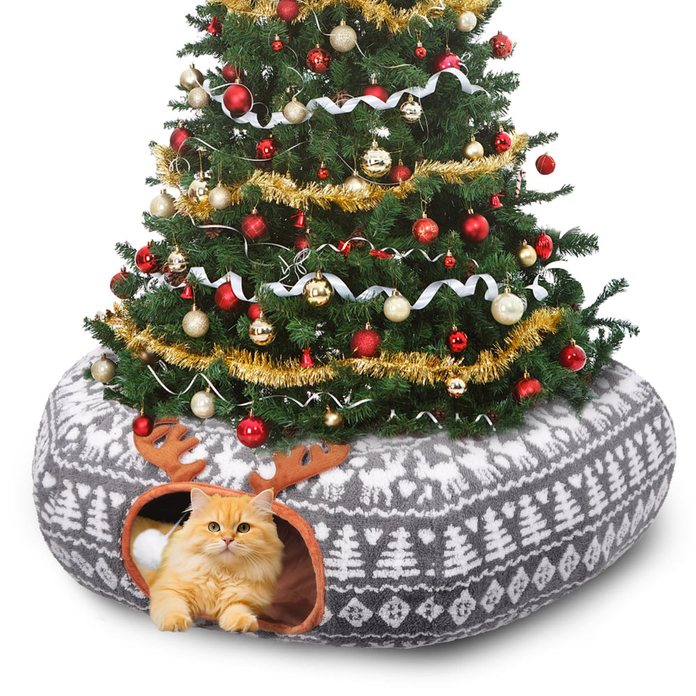 Petrendy Christmas Cat Tunnel under tree provides a cozy hideaway while protecting holiday ornaments.