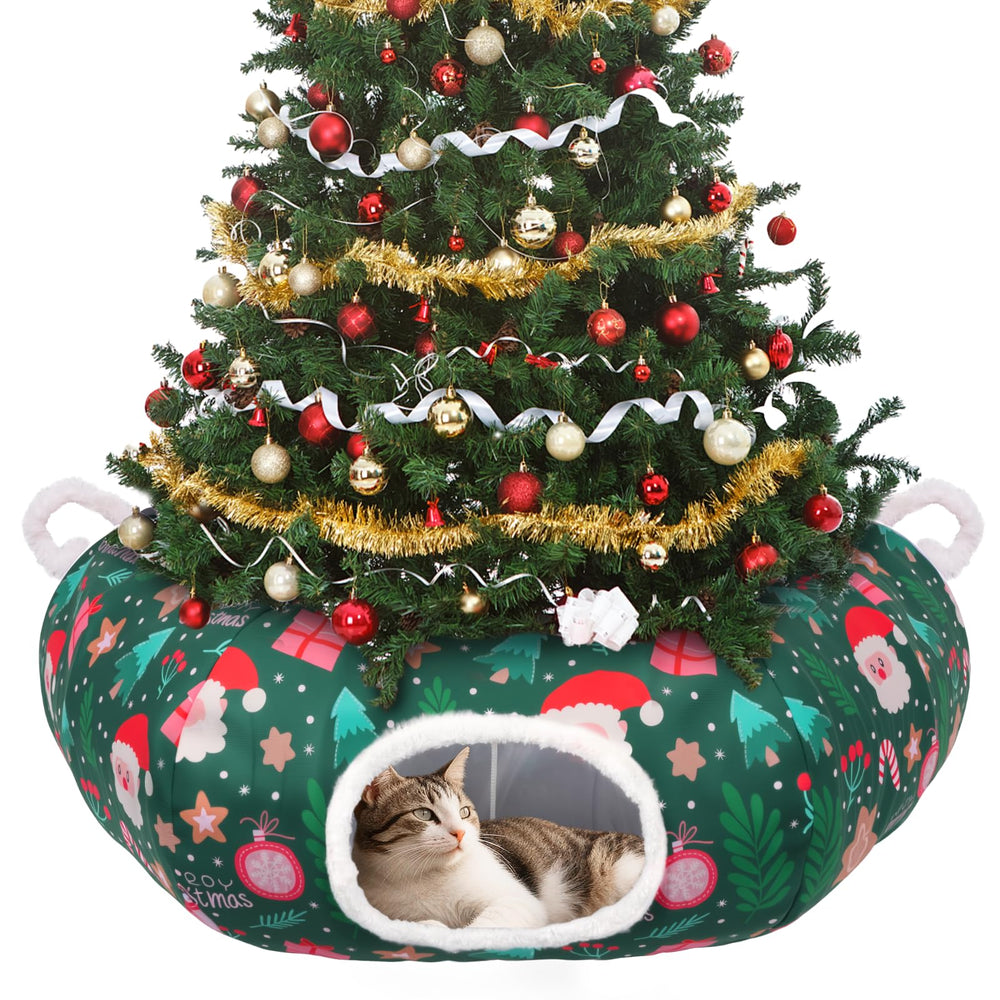 Petrendy Christmas Tree Cat Tunnel with Santa pattern offers festive play and decor protection