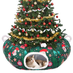 Petrendy Christmas Tree Cat Tunnel with Santa pattern offers festive play and decor protection