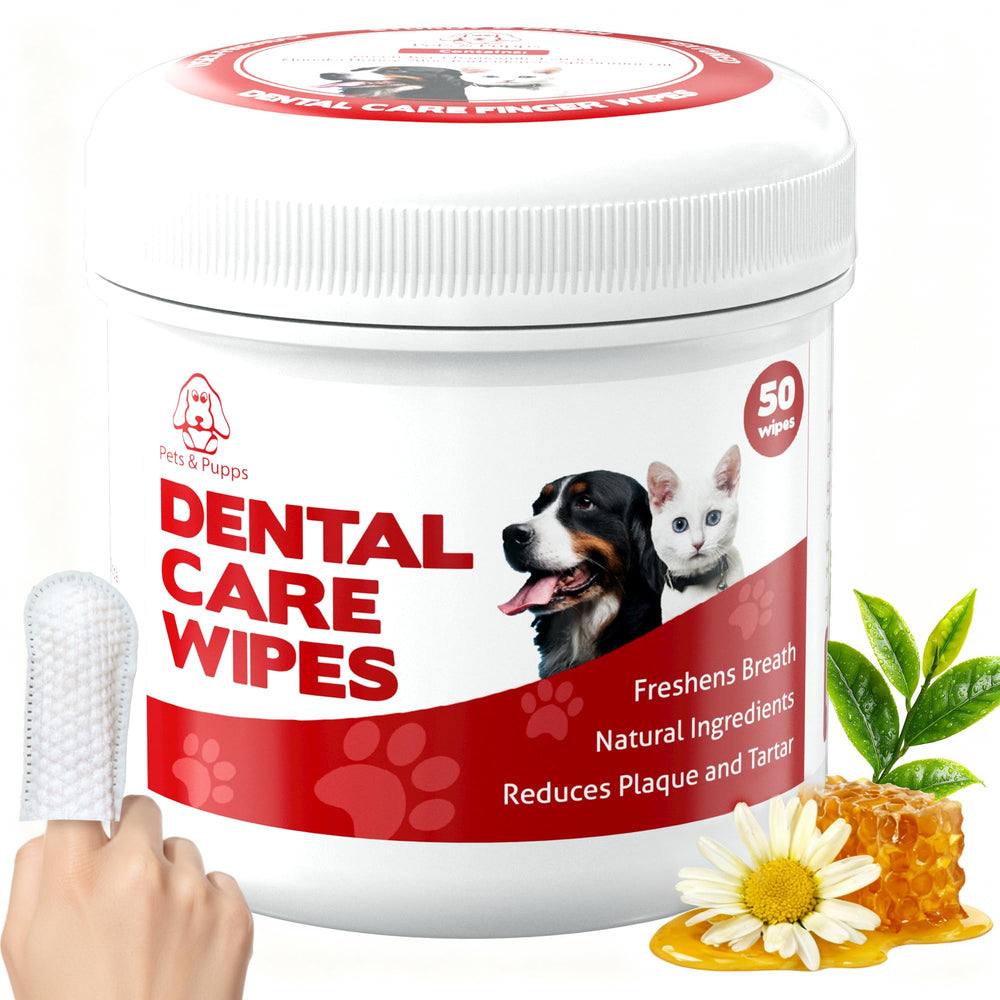 Pets & Pupps dog teeth wipes pack closeup for easy on-the-go dental care.