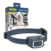 PetSafe spray bark collar on dog's neck in navy shows comfortable fit for everyday training.