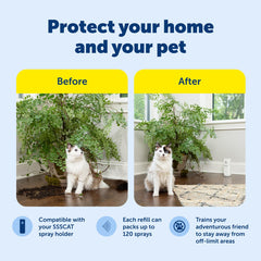 PetSafe SSSCAT odorless spray closeup highlights non-staining correction for furniture.