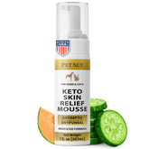 Petscy Keto Skin Relief Mousse bottle pump demonstrates quick-drying, non-greasy care.