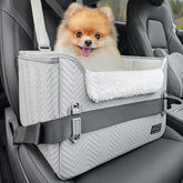 Petsfit dog booster seat installed in car keeps small dogs safe and comfortable.