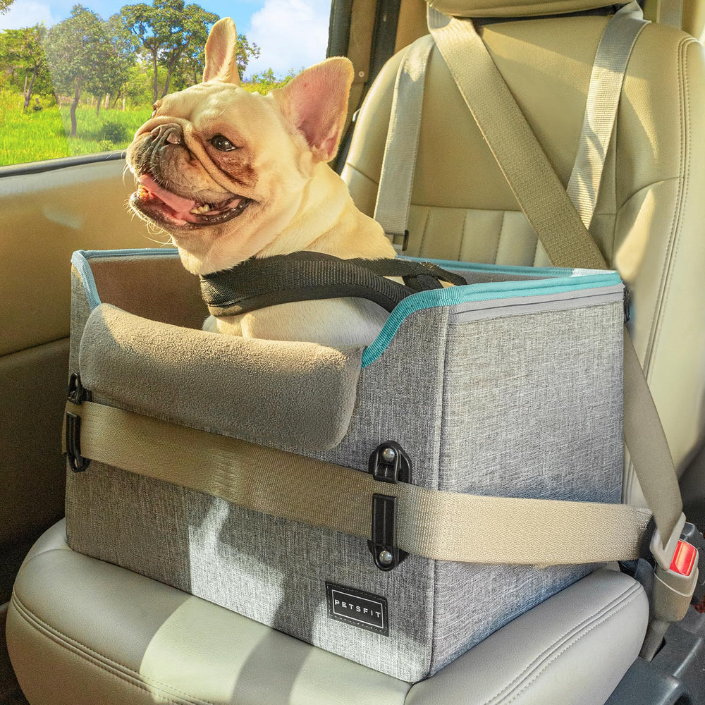 PETSFIT dog car seat front view highlights secure harness attachment for safe travel.