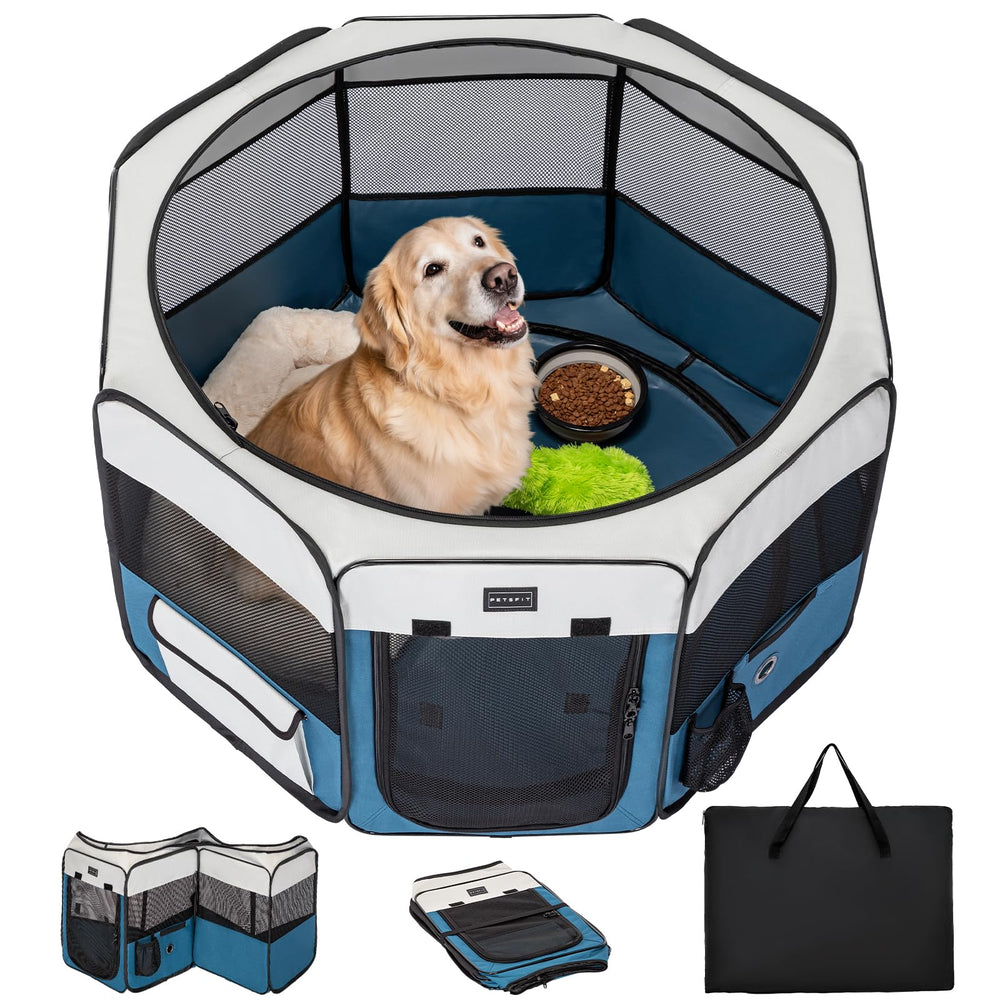 Petsfit dog playpen assembly setup demonstrates quick, tool-free setup for on-the-go spaces.
