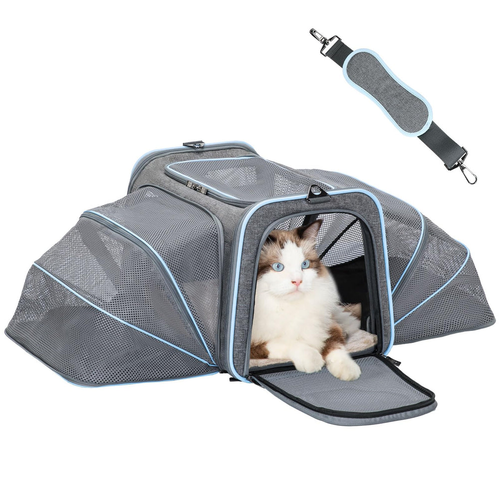 Petsfit expandable cat carrier closed in light grey for travel