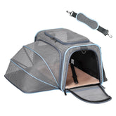 Petsfit expandable soft-sided carrier opened shows roomy space for comfy pet stretches during travel.