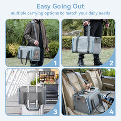 Petsfit expandable carrier under-seat view highlights airline-ready dimensions.