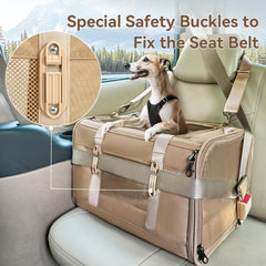 Petsfit carrier with car seat buckle enhances travel safety on road trips.