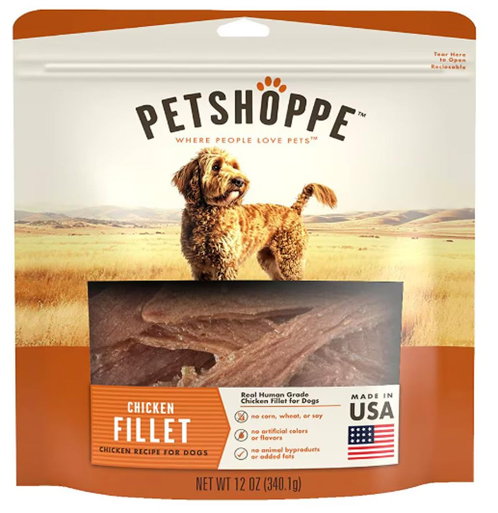PetShoppe Premium Chicken Fillet Treats packaging showing USA-sourced chicken and protein-rich snack