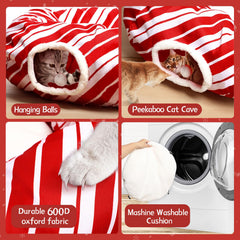 Petsinurarea red and white striped tunnel under tree adds festive play space for cats.