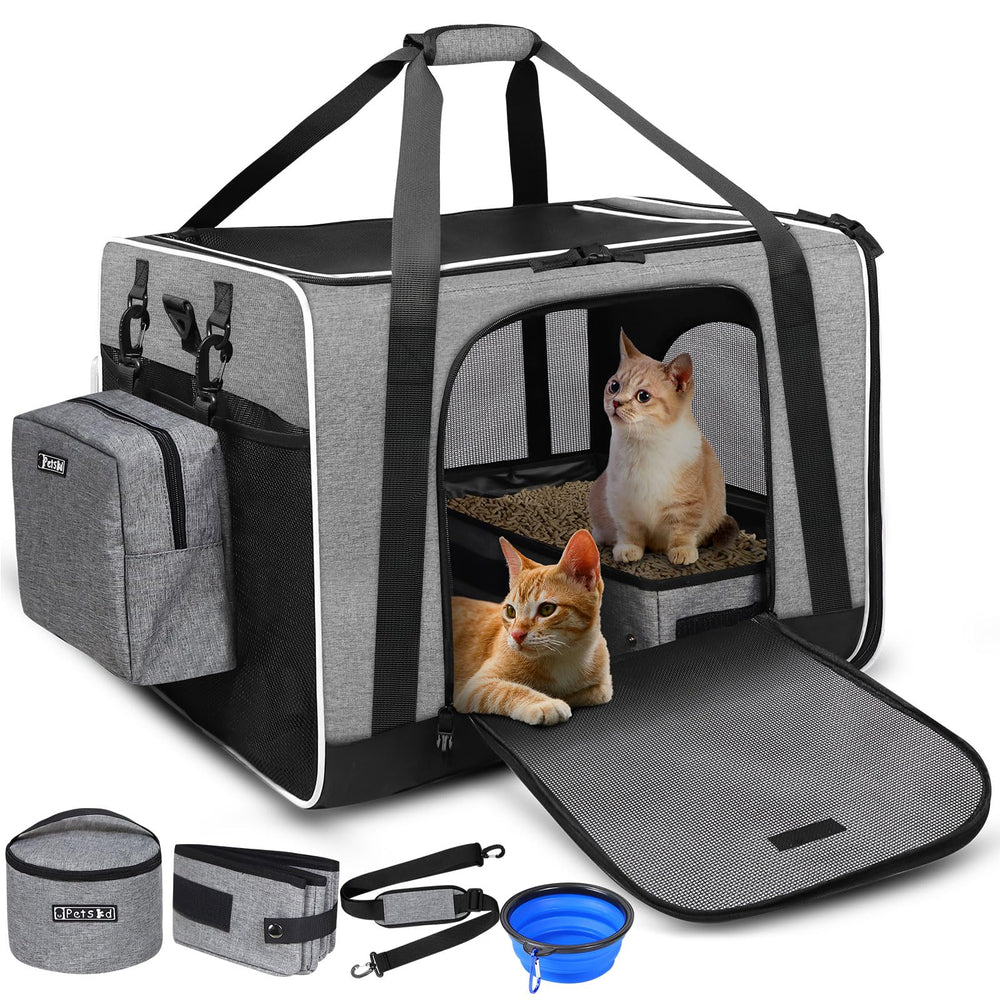 Petskd extra-large cat carrier with litter box for spacious travel comfort.
