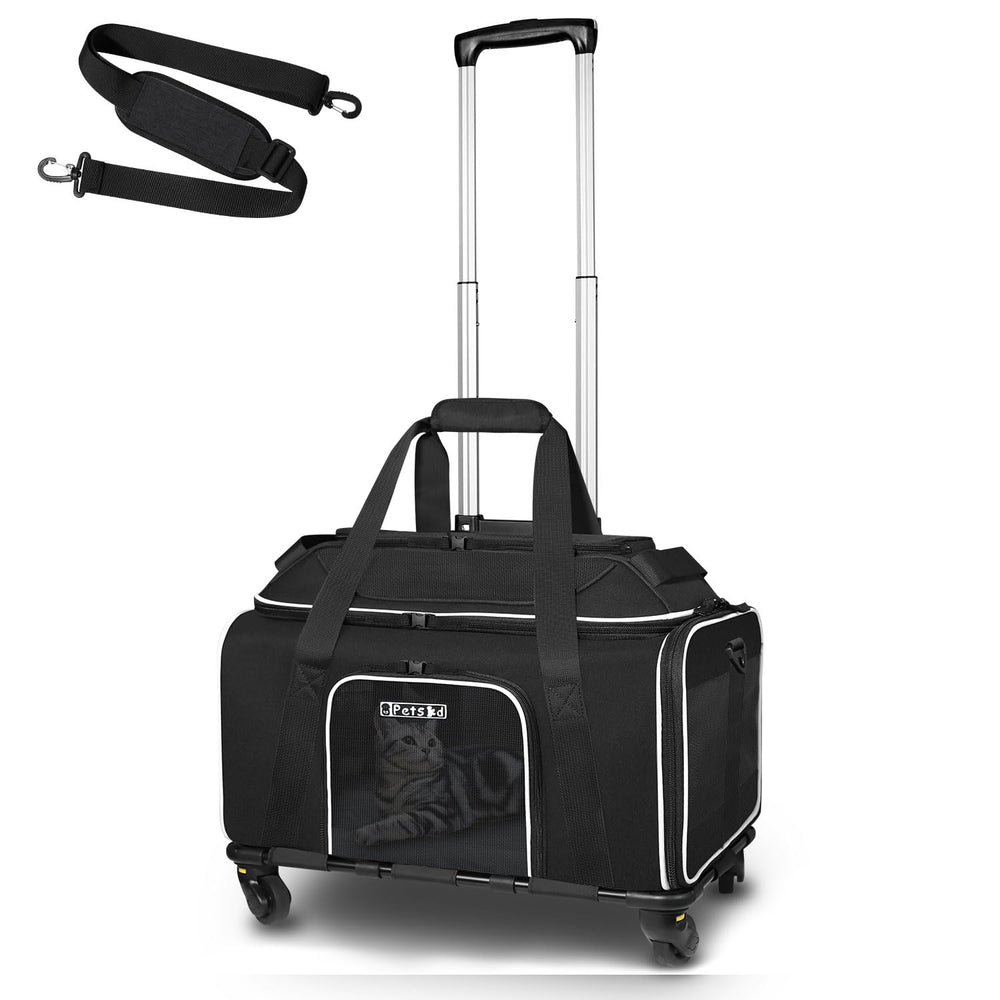 Petskd top-expandable pet carrier with wheels front view shows secure zipper and breathable mesh.