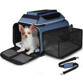 Petskd top-side expandable pet carrier in blue designed for airplane under-seat travel
