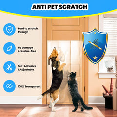 Petslucent cat scratch protector on door guards wood from scratches while remaining clear.