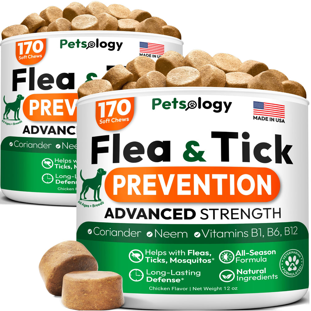 Petsology dog flea tick chews front bottle — easy daily protection for dogs.