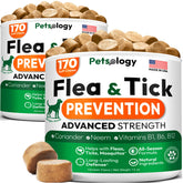 Petsology dog flea tick chews front bottle — easy daily protection for dogs.