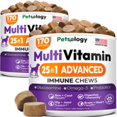 Petsology dog multivitamin chewable bottle front showing 340 chews for daily joint and immune support.