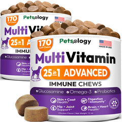 Petsology dog multivitamin chewable bottle front showing 340 chews for daily joint and immune support.