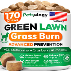 Petsology dog urine neutralizer bottle with probiotic formula promotes greener lawn.