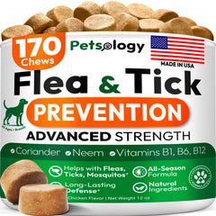 Petsology flea tick pills for dogs bottle showing easy year round protection