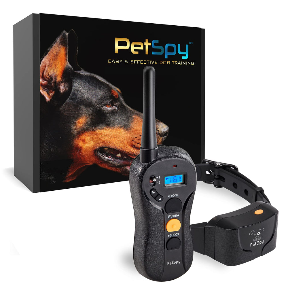 PetSpy shock collar front view with remote for precise training in yard and park.