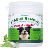 Petstoral dental powder bottle illustrating plaque removal support for dogs.