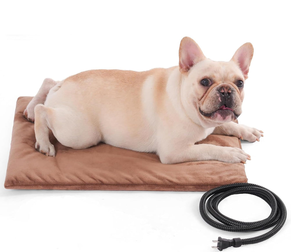 PetTemp heated pad with brown plush cover provides cozy warmth for pets.