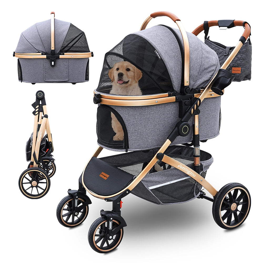 Pettingzoo dog stroller with four wheels for smooth, quiet pet transport on any sidewalk.