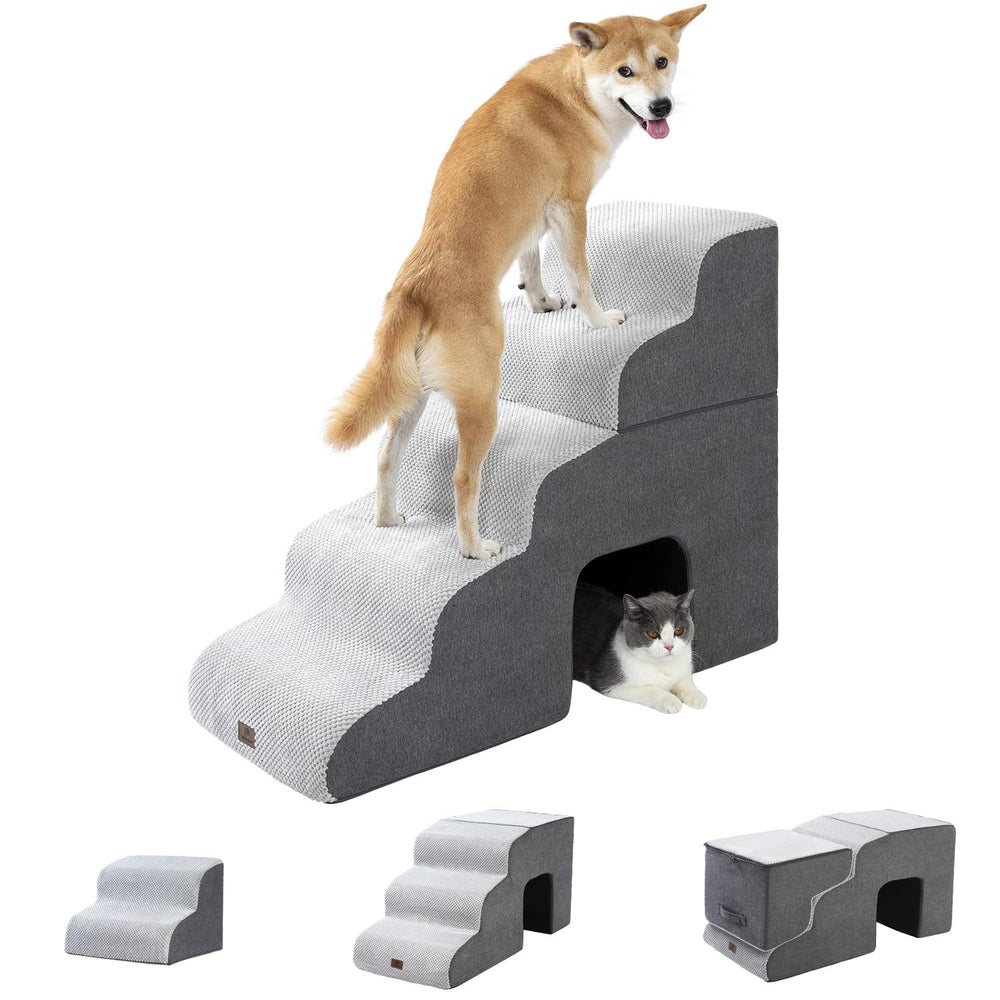 Pettycare dog stairs 5-steps grey with wide, stable treads for easy bed access